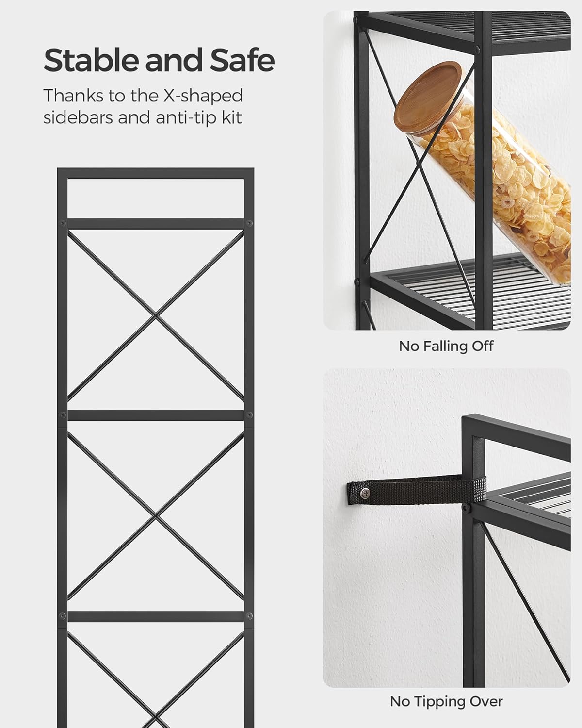 4-Tier Metal Storage Rack with X Side Frames, Dense Mesh, 12.6x23.6x44.3", Industrial Ink Black