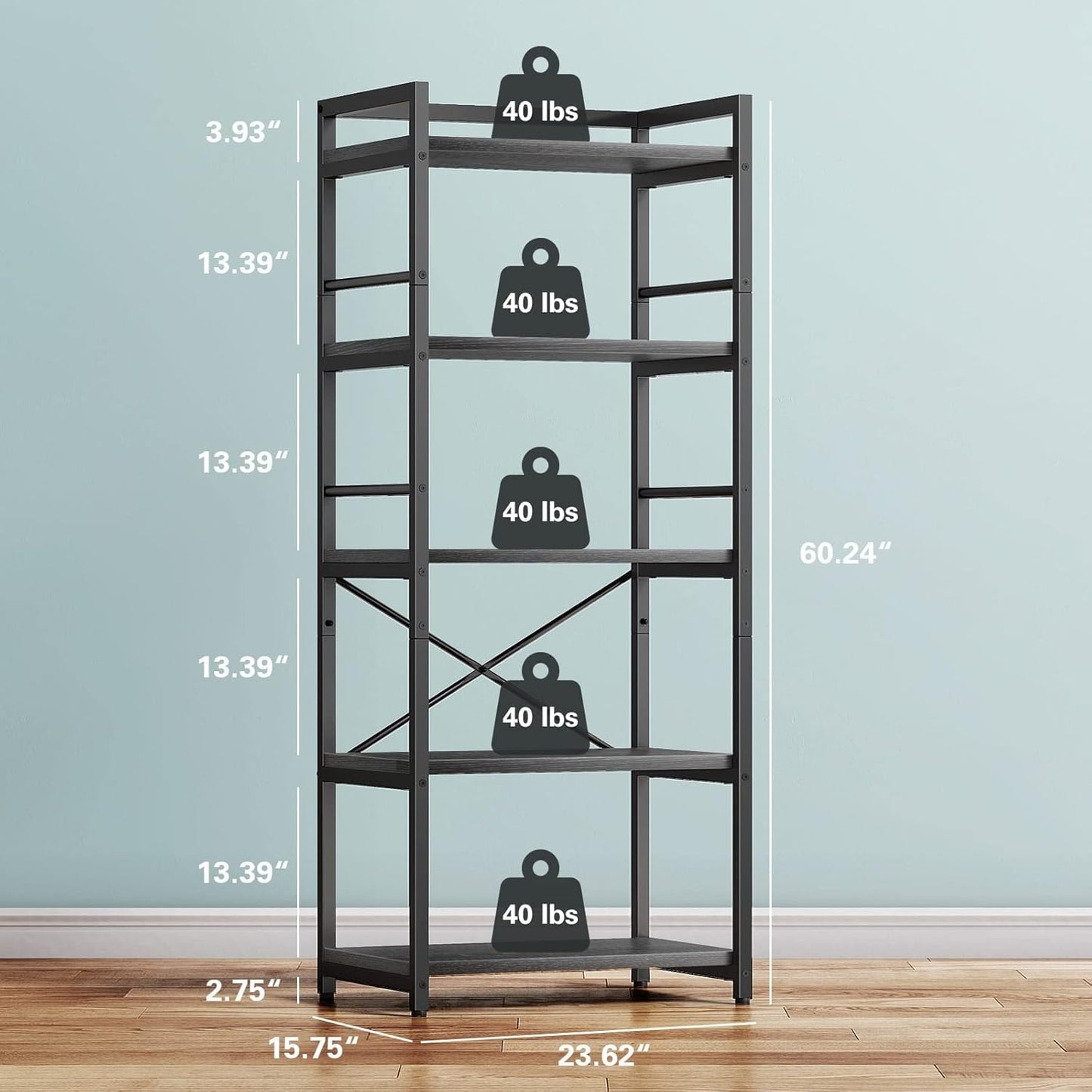 5-Tier Bakers Rack, Industrial Microwave Stand, Coffee Bar, Kitchen Storage Shelf, 23.62x15.75x60.24", Black