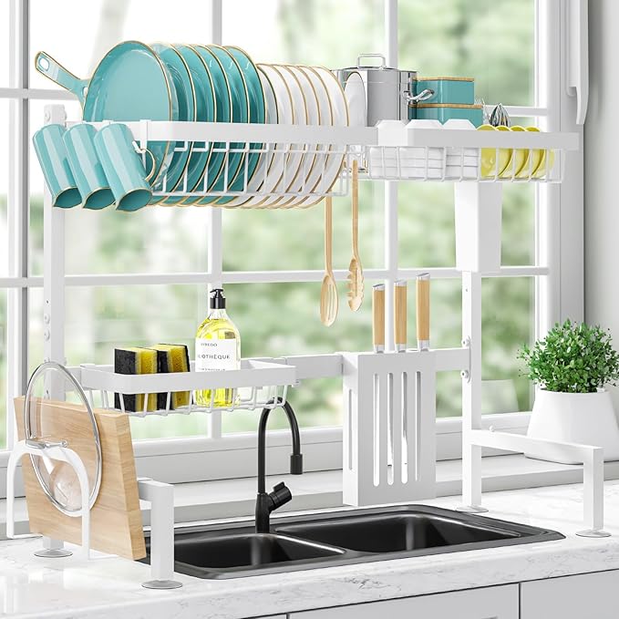 Over-the-Sink 2-Tier Dish Drying Rack, Adjustable Stainless Steel Drainer with Cutlery Holders, 30-33.9x11x21.5", Black
