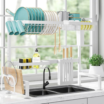 Over-the-Sink 2-Tier Dish Drying Rack, Adjustable Stainless Steel Drainer with Cutlery Holders, 30-33.9x11x21.5", Black