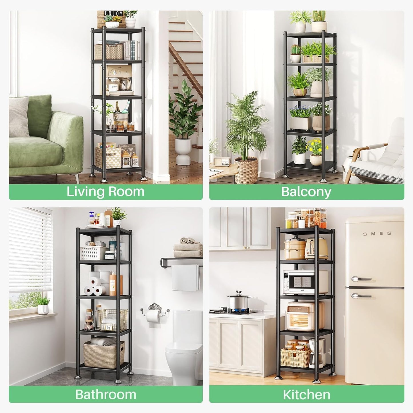 5-Tier Adjustable Kitchen Storage Shelves with Rolling Wheels, Metal Rack Organizer for Pantry, Bedroom, Laundry, Closet