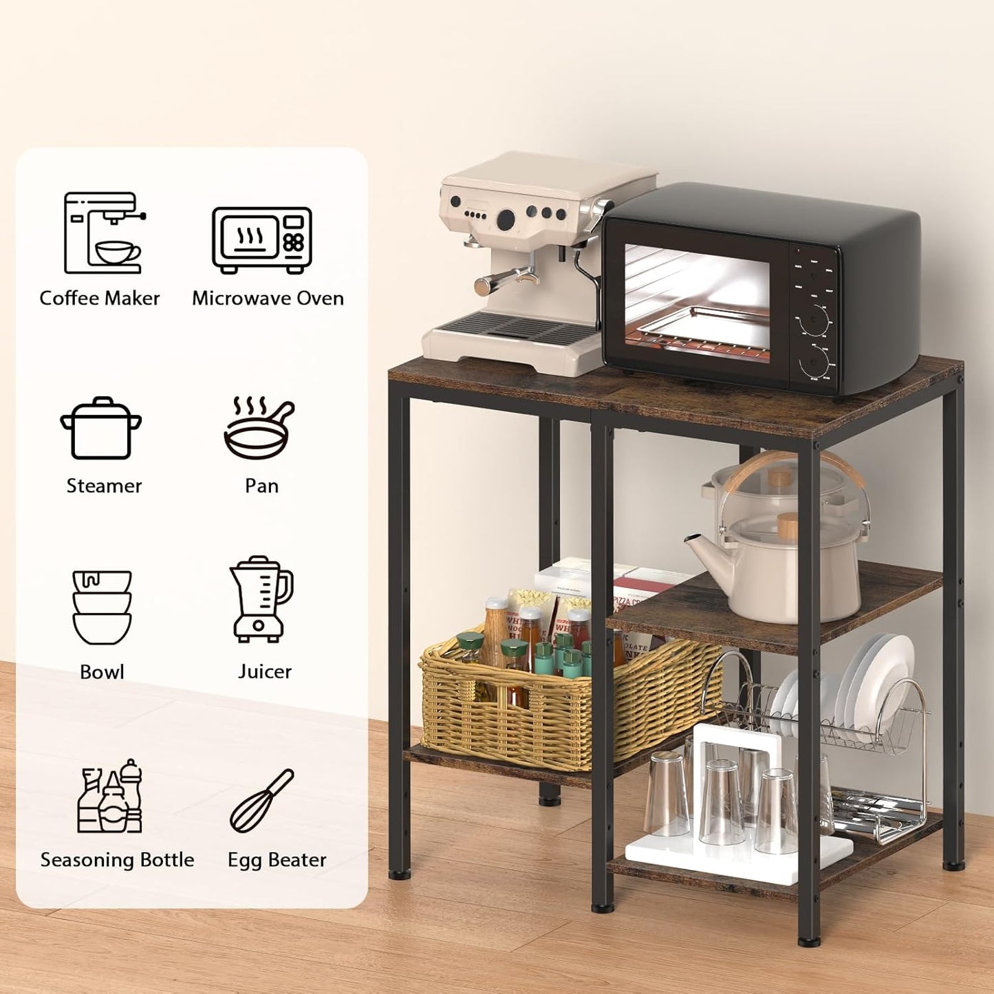 4-Tier Adjustable Kitchen Bakers Rack, Microwave Stand, Multi-Purpose Storage Cart for Coffee Station, Space-Saving Metal Appliance Shelf, Rustic Brown