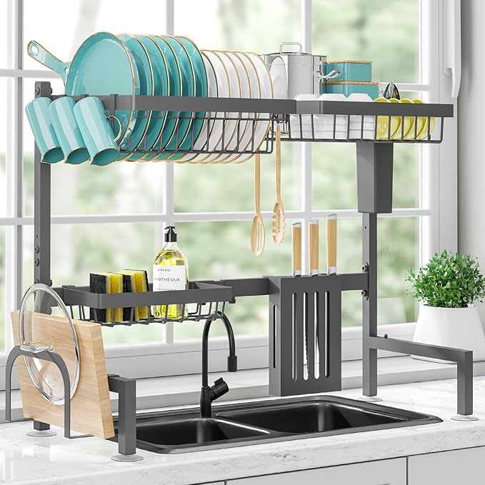 Over-the-Sink 2-Tier Dish Drying Rack, Adjustable Stainless Steel Drainer with Cutlery Holders, 30-33.9x11x21.5", Black