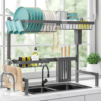 Over-the-Sink 2-Tier Dish Drying Rack, Adjustable Stainless Steel Drainer with Cutlery Holders, 30-33.9x11x21.5", Black
