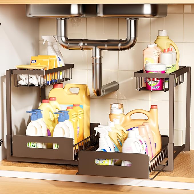 2 Pack Under-Sink Pull-Out Metal Cabinet Organizer Shelves with Sliding Drawer, Storage for Kitchen, Bathroom, Pantry, Laundry, RV, and Spice Organization