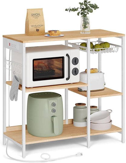 Baker's Rack Coffee Bar Stand with Charging Station, Storage Shelves, Pull-Out Wire Basket, Microwave Table, Kitchen, 15.7x35.4x35.6 Inches, Rustic Brown