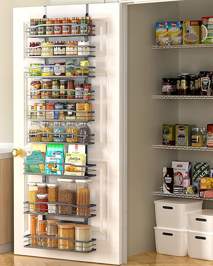 6-Tier Over Door Pantry Organizer, Hanging Metal Spice Rack with Basket Shelves, Kitchen and Bathroom Storage, White