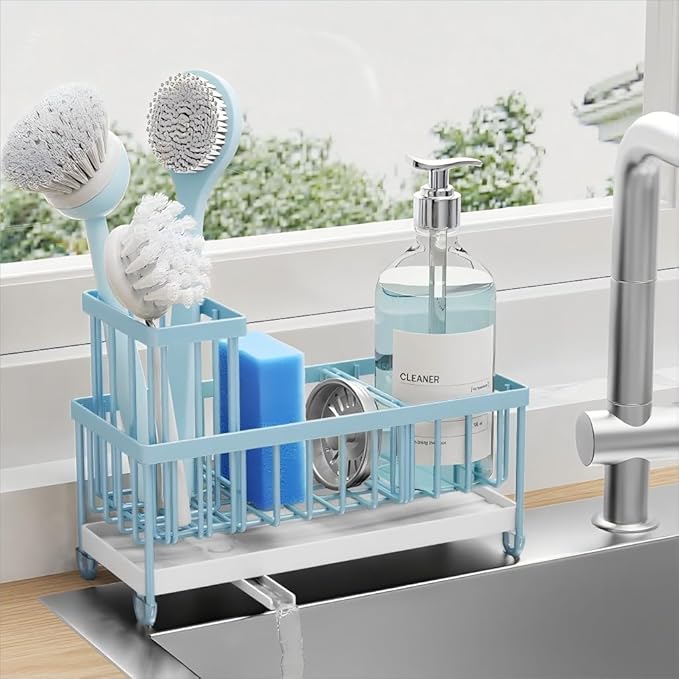 Black Kitchen Sink Sponge Holder Caddy, Rustproof 304 Stainless Steel with Brush & Soap Organizer