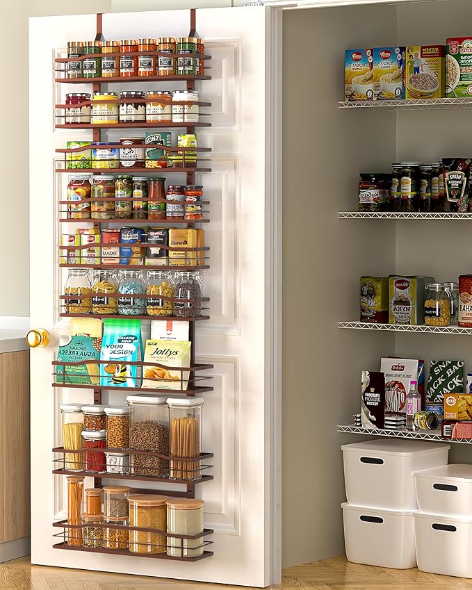 6-Tier Over Door Pantry Organizer, Hanging Metal Spice Rack with Basket Shelves, Kitchen and Bathroom Storage, White