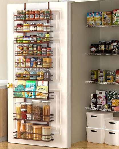 6-Tier Over Door Pantry Organizer, Hanging Metal Spice Rack with Basket Shelves, Kitchen and Bathroom Storage, White