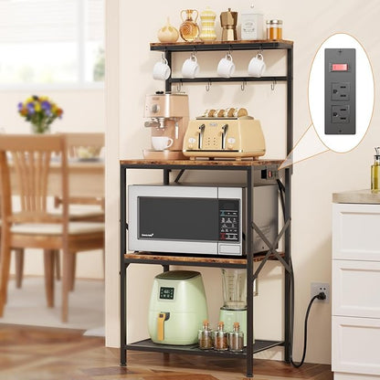 4-Tier Kitchen Bakers Rack with Power Outlet, Coffee Bar Table, Microwave Stand, 8 Hooks, Coffee Station Organizer, Spice and Pot Storage, Black