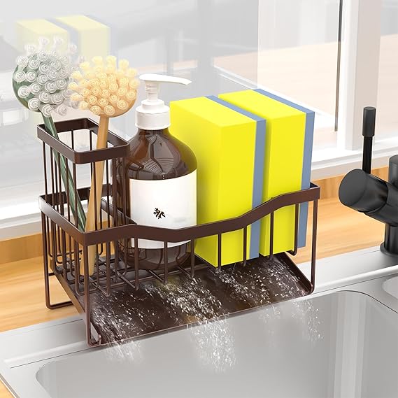 Sink Caddy Sponge Holder for Kitchen, Stainless Steel with Brush Holder and Self-Drain Tray, Rustproof Organizer for Sponge, Soap Dispenser, and Accessories