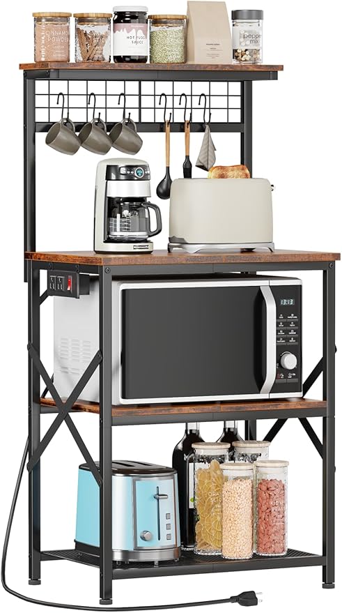 4-Tier Kitchen Bakers Rack with Power Outlet, Microwave Stand, 6 Hooks, Coffee Bar Table, Black