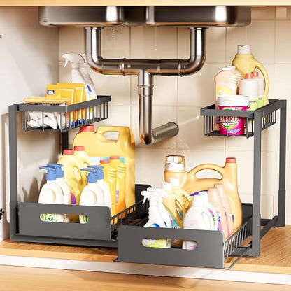 2 Pack Under-Sink Pull-Out Metal Cabinet Organizer Shelves with Sliding Drawer, Storage for Kitchen, Bathroom, Pantry, Laundry, RV, and Spice Organization