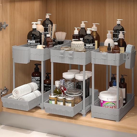 3 Pack Under-Sink 2-Tier Organizers with Sliding Drawers, Multi-Use Kitchen and Bathroom Storage, 12.8" Black Cabinet Organizer