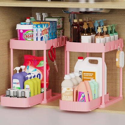 2 Pack Multi-Purpose Pull-Out Storage Organizers, 12.8" Under-Sink and Under-Cabinet Storage for Bathroom & Kitchen, Black
