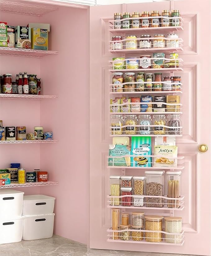 6-Tier Over Door Pantry Organizer, Hanging Metal Spice Rack with Basket Shelves, Kitchen and Bathroom Storage, White