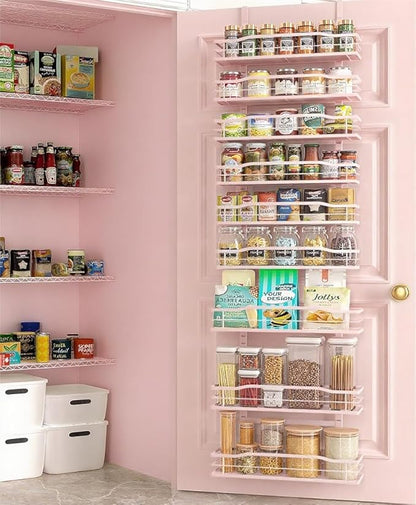 6-Tier Over Door Pantry Organizer, Hanging Metal Spice Rack with Basket Shelves, Kitchen and Bathroom Storage, White