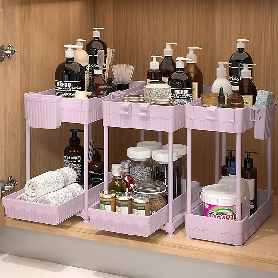 3 Pack Under-Sink 2-Tier Organizers with Sliding Drawers, Multi-Use Kitchen and Bathroom Storage, 12.8" Black Cabinet Organizer