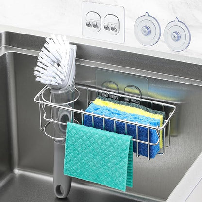 3-in-1 Kitchen Sink Sponge Holder, Hanging Caddy Organizer Rack for Sponge, Dish Cloth, Brush, Scrubber, 304 Stainless Steel, Black, Suction Cup & Adhesive Hook Options