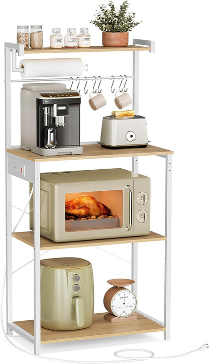 4-Tier Kitchen Bakers Rack with Power Outlet, Coffee Bar, Microwave Stand, Adjustable Shelf, 8 Hooks, Small Space Storage, Charcoal Gray and Ink Black