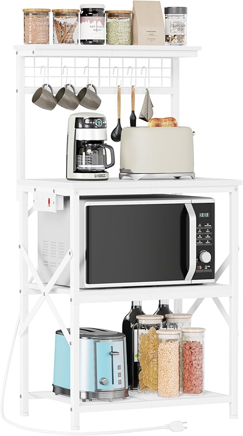 4-Tier Kitchen Bakers Rack with Power Outlet, Microwave Stand, 6 Hooks, Coffee Bar Table, Black