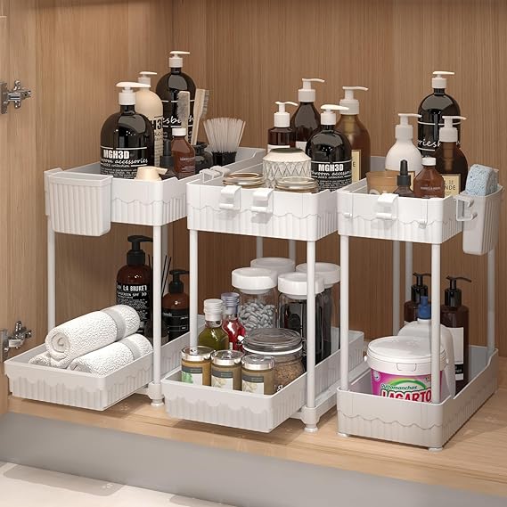 3 Pack Under-Sink 2-Tier Organizers with Sliding Drawers, Multi-Use Kitchen and Bathroom Storage, 12.8" Black Cabinet Organizer