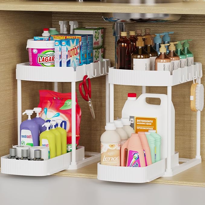 2 Pack Multi-Purpose Pull-Out Storage Organizers, 12.8" Under-Sink and Under-Cabinet Storage for Bathroom & Kitchen, Black