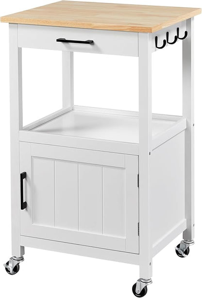 Small Kitchen Island on Wheels with Wood Top and Drawer, Trolley Cart with Open Shelf and Storage Cabinet, 22x18x35 Inches, Black