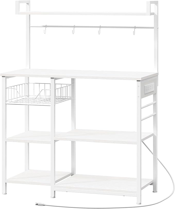 Kitchen Bakers Rack with Power Outlet, Microwave Stand, Mesh Basket, 4 Hooks, Coffee Station, Black