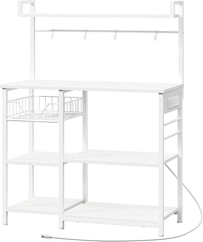 Kitchen Bakers Rack with Power Outlet, Microwave Stand, Mesh Basket, 4 Hooks, Coffee Station, Black