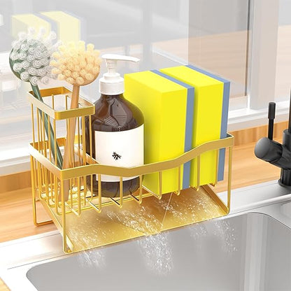 Sink Caddy Sponge Holder for Kitchen, Stainless Steel with Brush Holder and Self-Drain Tray, Rustproof Organizer for Sponge, Soap Dispenser, and Accessories