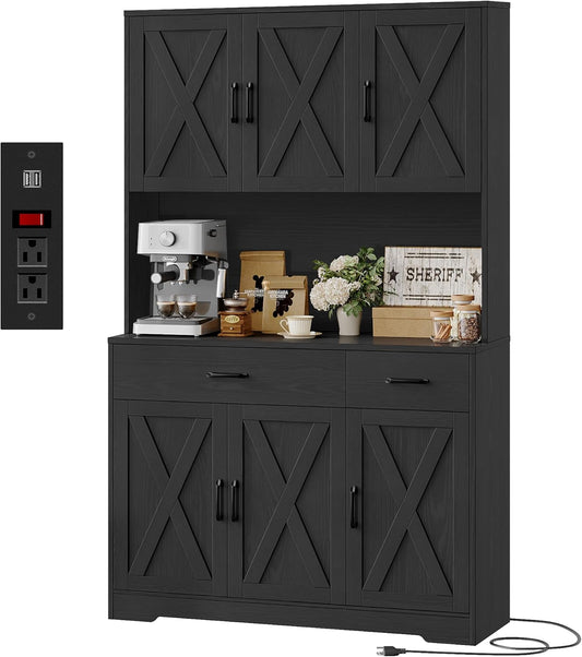 71" White Pantry Cabinet with Charging Station, Microwave Stand, Storage Drawers, Farmhouse Hutch for Kitchen, Dining, Living Room