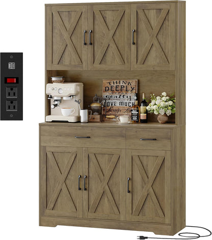 71" White Pantry Cabinet with Charging Station, Microwave Stand, Storage Drawers, Farmhouse Hutch for Kitchen, Dining, Living Room