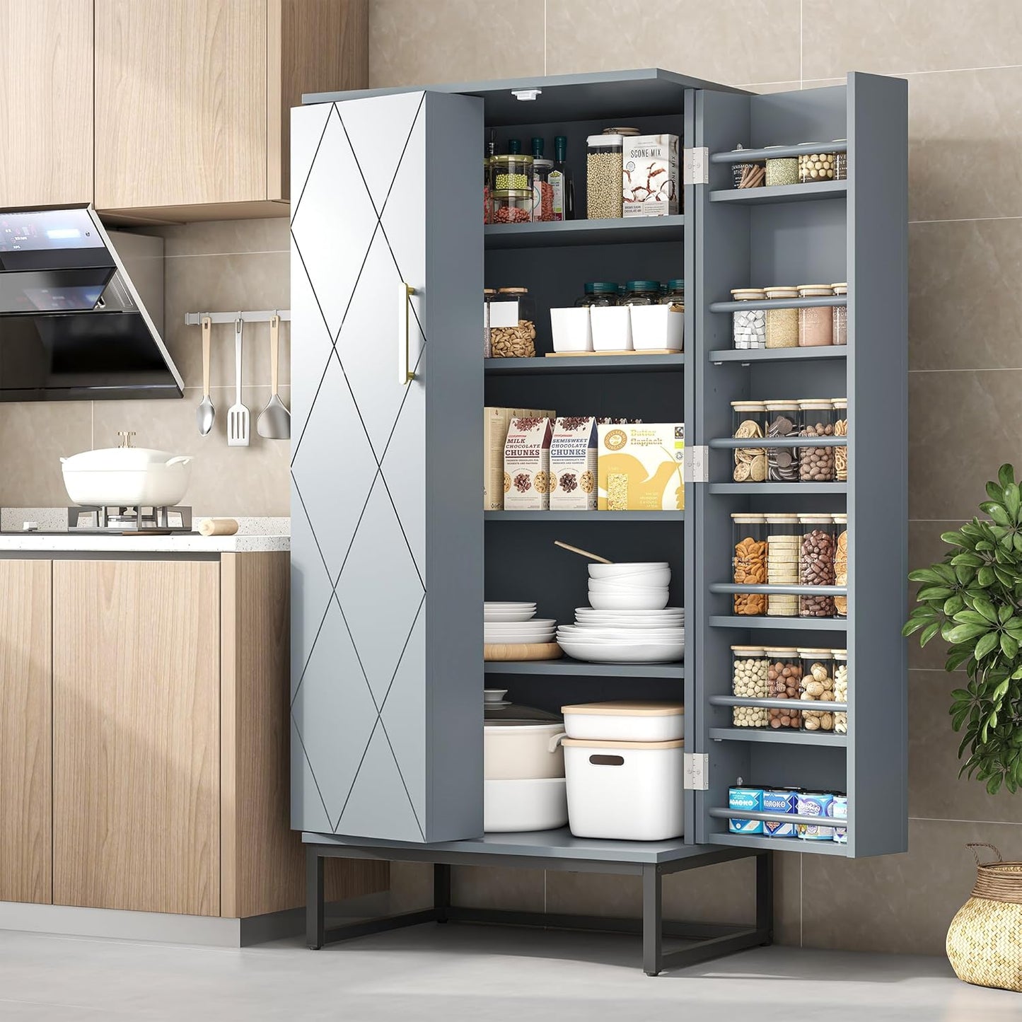 51" Brown Freestanding Pantry Cabinet with Adjustable Shelves, Buffet Storage Cupboard for Kitchen and Home Office