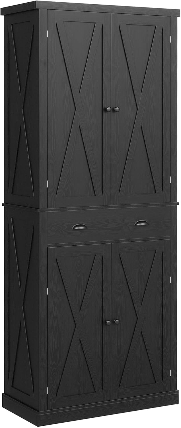 72.6" White Kitchen Pantry Cabinet with Barn Doors, Drawer, 4 Adjustable Shelves, Freestanding Cupboard for Laundry
