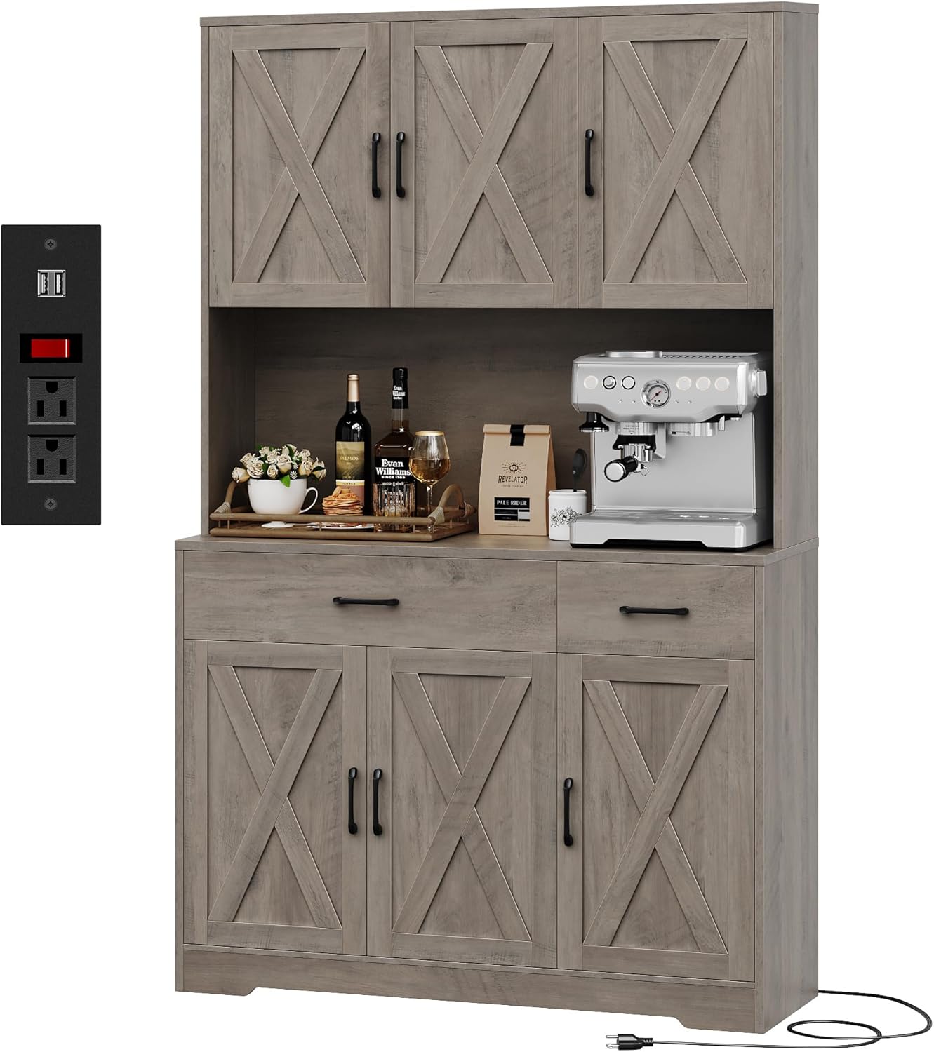 71" White Pantry Cabinet with Charging Station, Microwave Stand, Storage Drawers, Farmhouse Hutch for Kitchen, Dining, Living Room