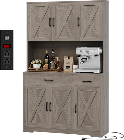 71" White Pantry Cabinet with Charging Station, Microwave Stand, Storage Drawers, Farmhouse Hutch for Kitchen, Dining, Living Room