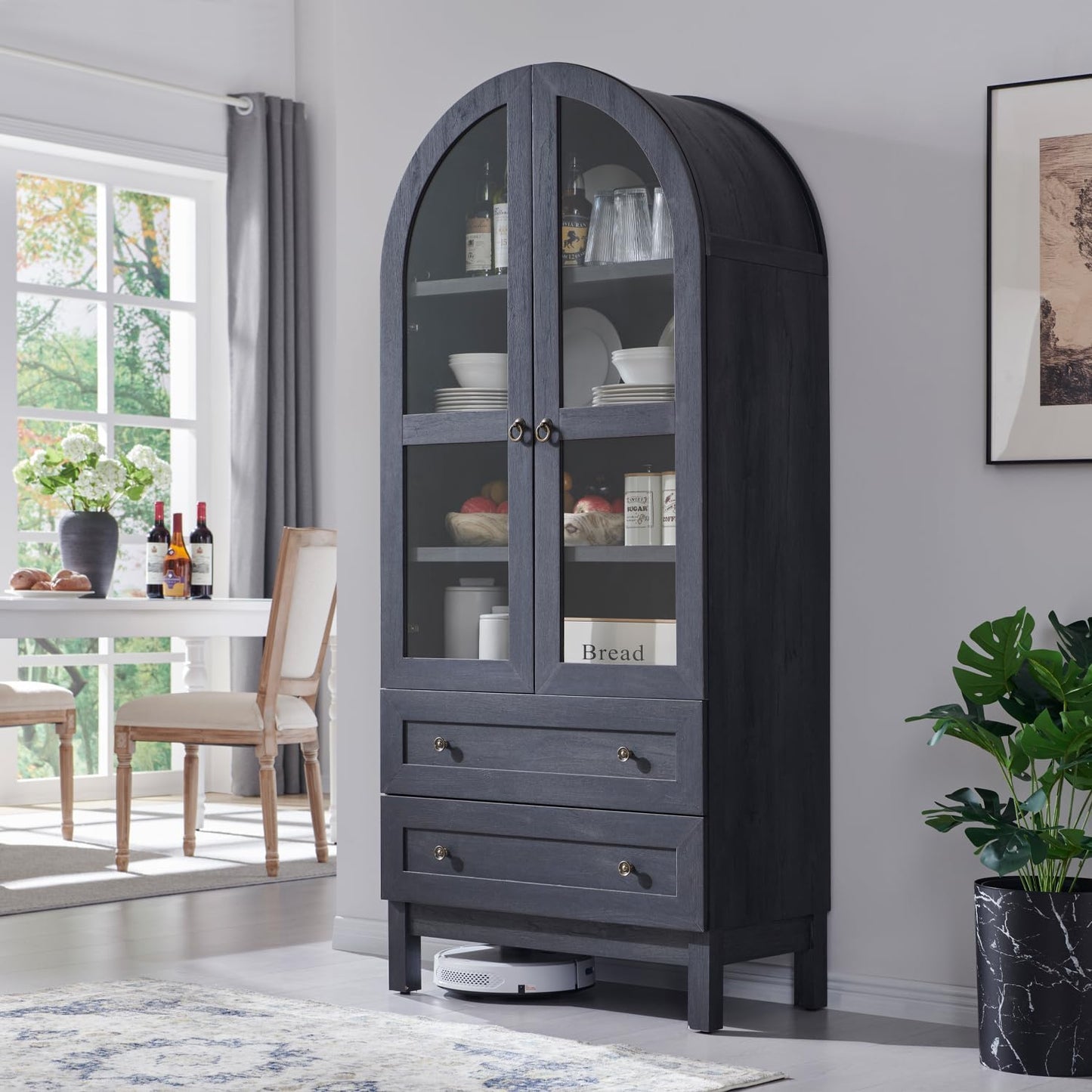71" Brown Arched Kitchen Pantry Cabinet with 2 Drawers and Adjustable Shelves, Modern Farmhouse Storage for Kitchen, Dining, Bathroom