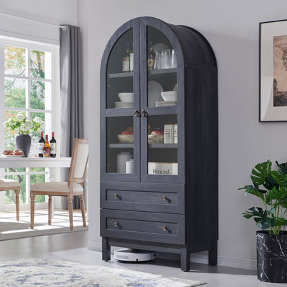 71" Brown Arched Kitchen Pantry Cabinet with 2 Drawers and Adjustable Shelves, Modern Farmhouse Storage for Kitchen, Dining, Bathroom