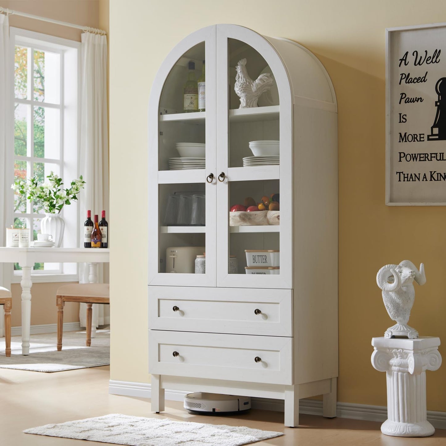 71" Brown Arched Kitchen Pantry Cabinet with 2 Drawers and Adjustable Shelves, Modern Farmhouse Storage for Kitchen, Dining, Bathroom