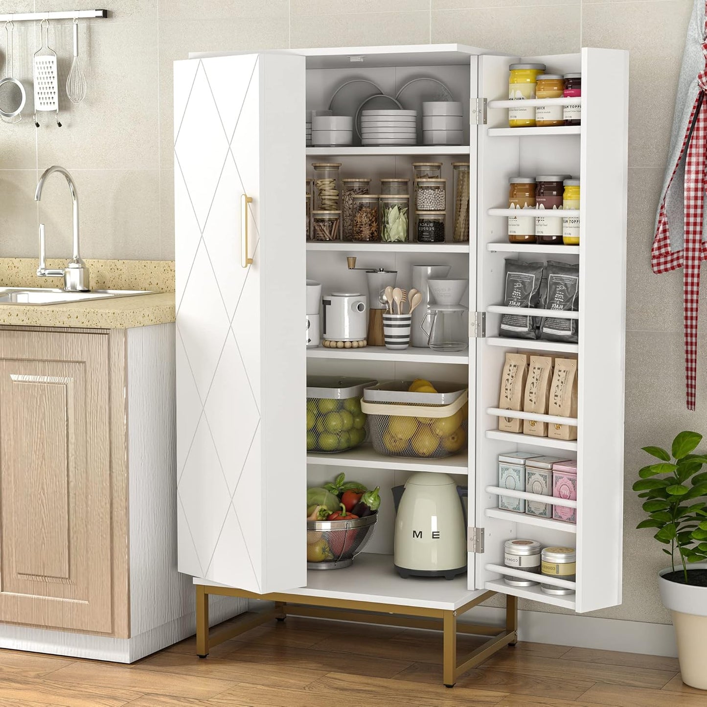 51" Brown Freestanding Pantry Cabinet with Adjustable Shelves, Buffet Storage Cupboard for Kitchen and Home Office