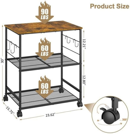 3-Tier Rolling Kitchen Microwave Cart with Storage, Utility Cart on Lockable Wheels, Coffee Cart Shelf Organizer for Living Room, Office, Balcony