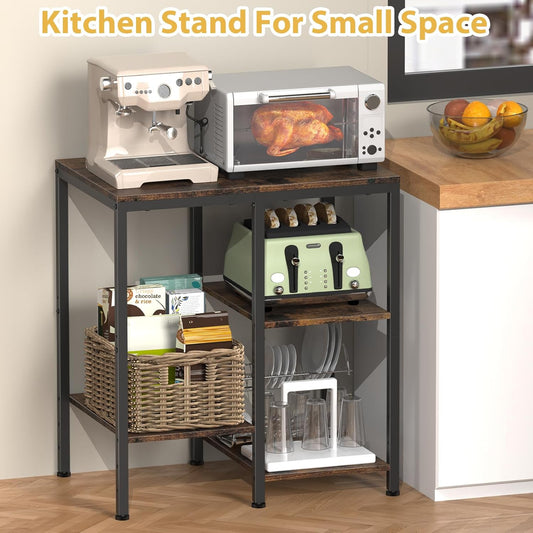 4-Tier Adjustable Kitchen Bakers Rack, Microwave Stand, Multi-Purpose Storage Cart for Coffee Station, Space-Saving Metal Appliance Shelf, Rustic Brown