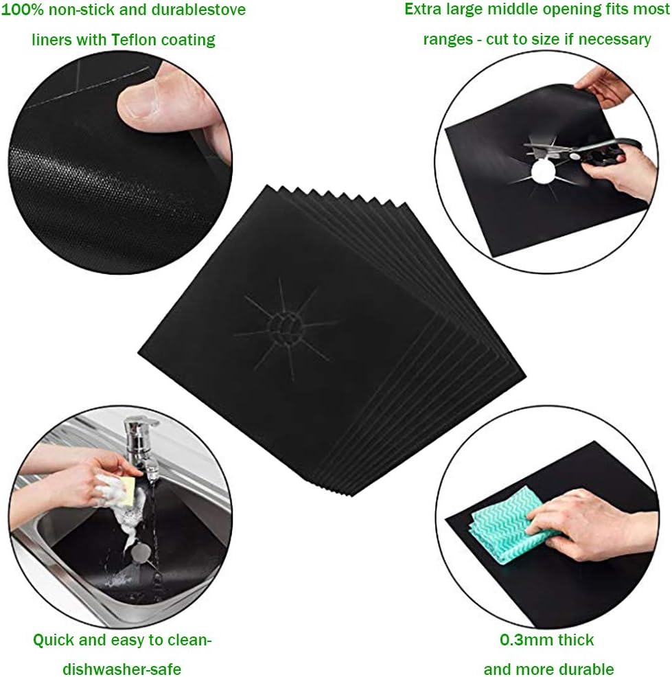 Non-Stick Gas Stove Burner Covers 10.6"x10.6" Black, 8-Pack, 0.3mm Double Thickness, Reusable, Cuttable, Easy Clean