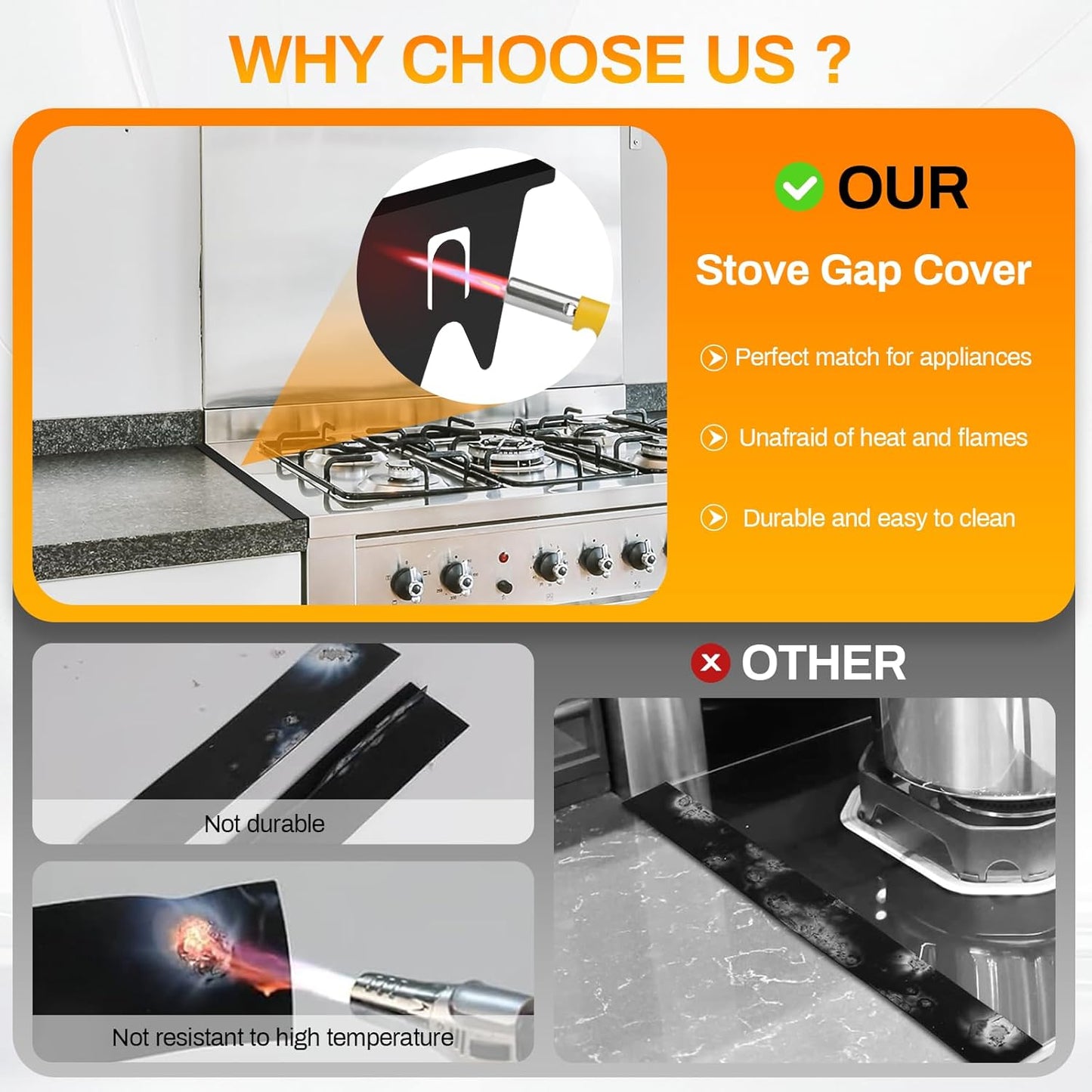 Stove Gap Covers Stainless Steel 2 Pack, 23.4" x 0.79", Heat Resistant Oven Gap Filler and Range Trim Kit, Black