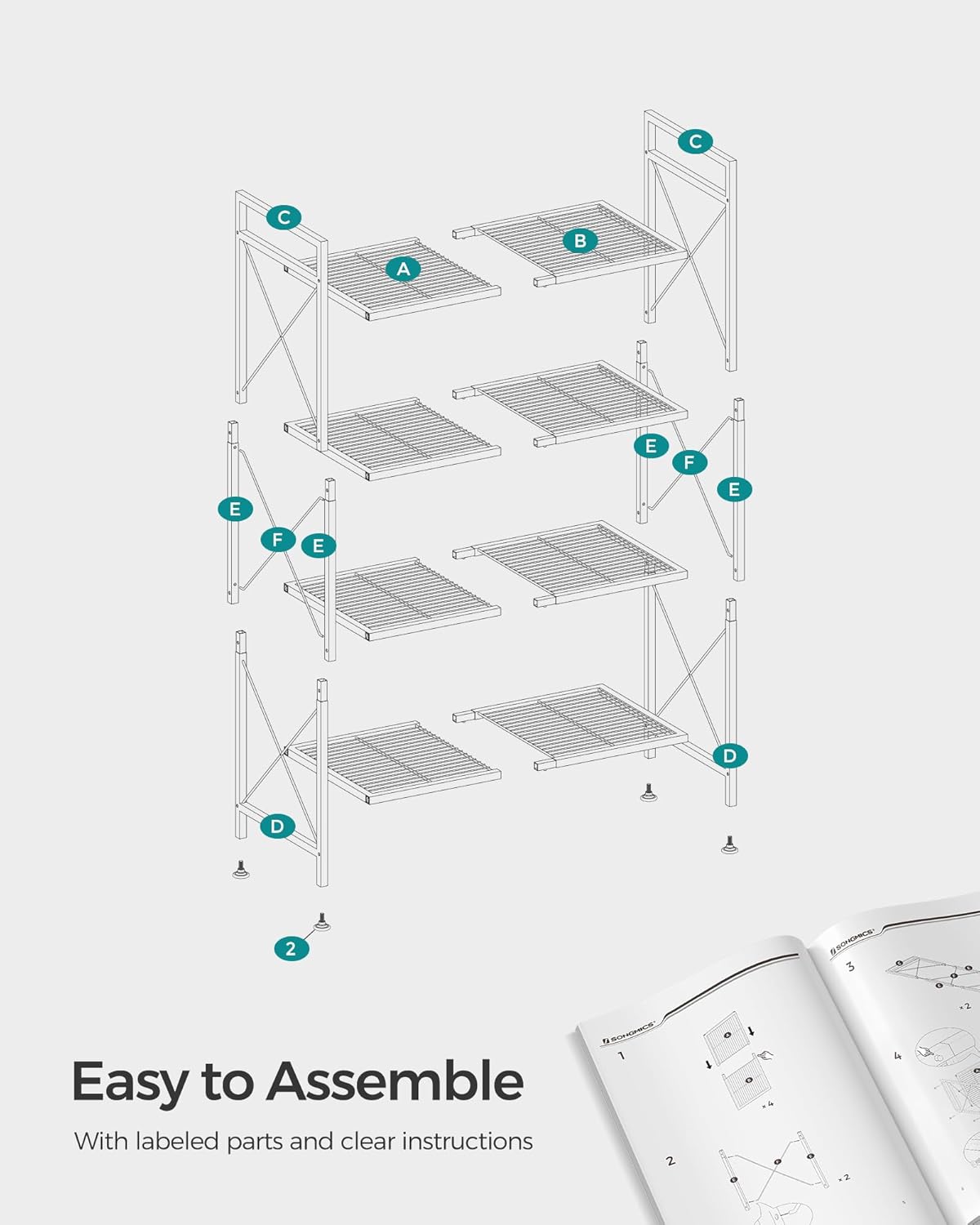 4-Tier Metal Storage Rack with X Side Frames, Dense Mesh, 12.6x23.6x44.3", Industrial Ink Black