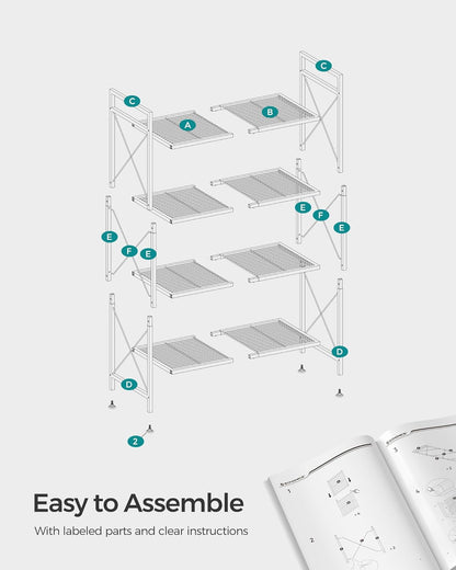 4-Tier Metal Storage Rack with X Side Frames, Dense Mesh, 12.6x23.6x44.3", Industrial Ink Black