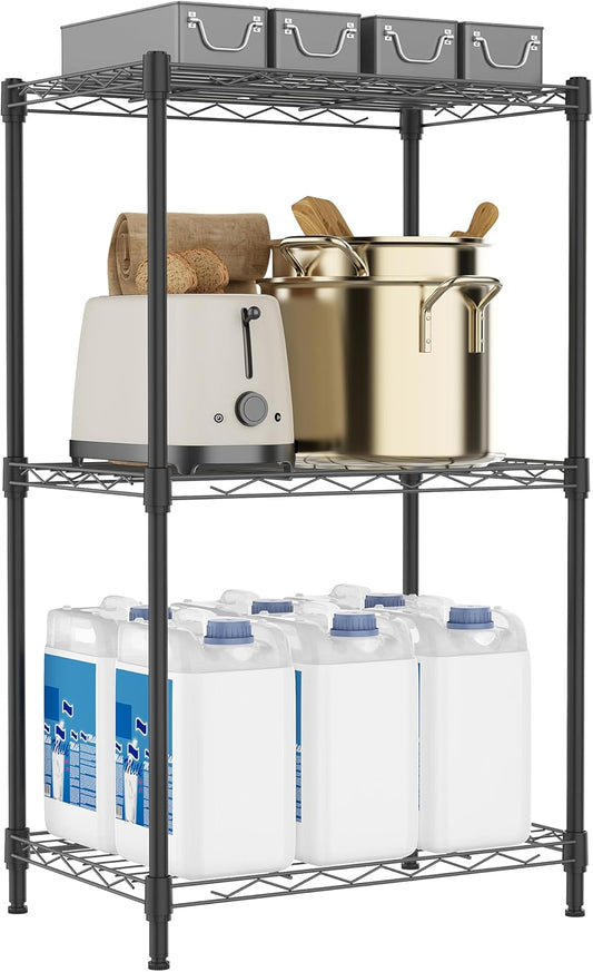3-Tier Metal Storage Shelves with Wheels, Wire Rack Closet Organizer for Garage, Kitchen, Bathroom, Laundry, 11.8x17.7x28.8", Black
