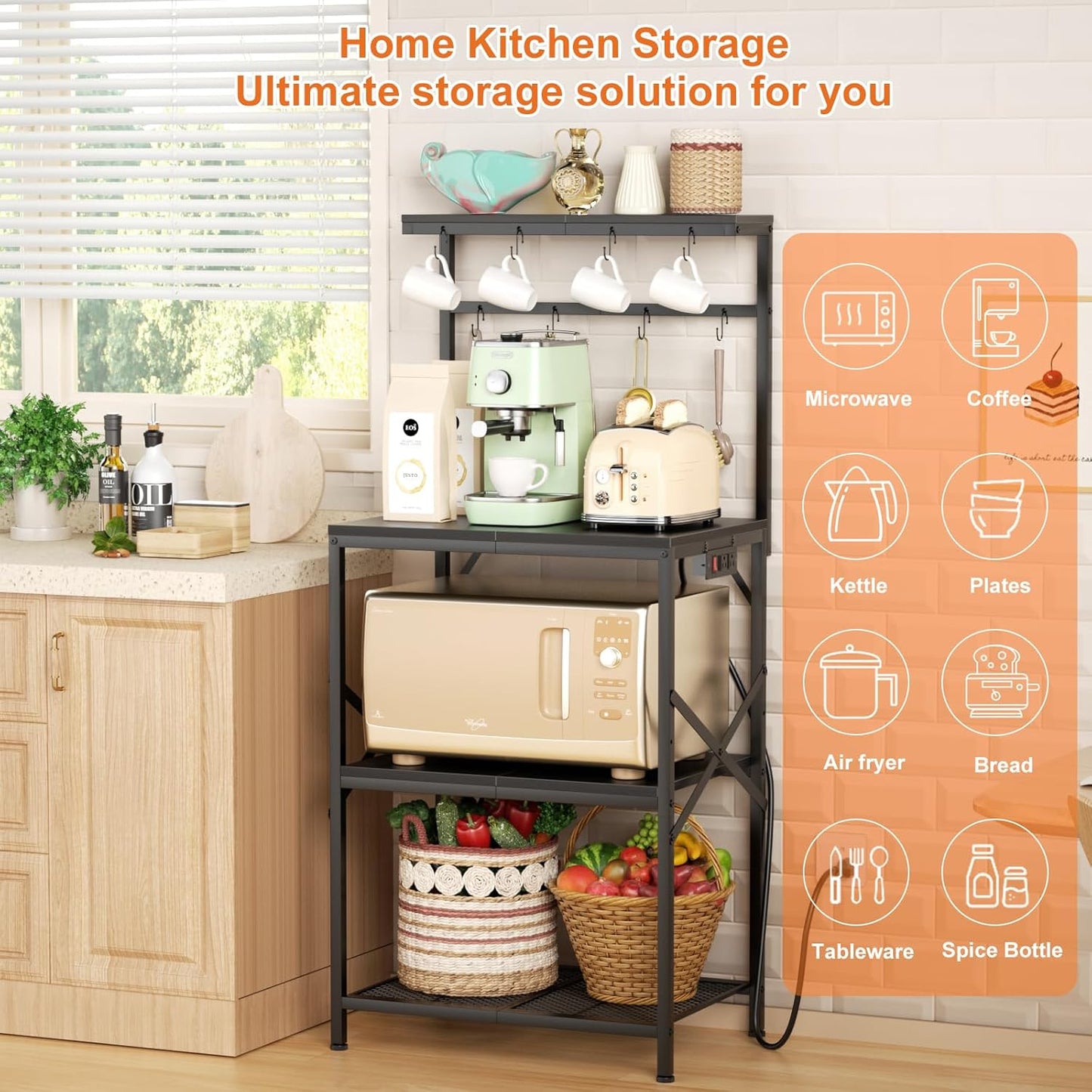 4-Tier Kitchen Bakers Rack with Power Outlet, Coffee Bar Table, Microwave Stand, 8 Hooks, Coffee Station Organizer, Spice and Pot Storage, Black